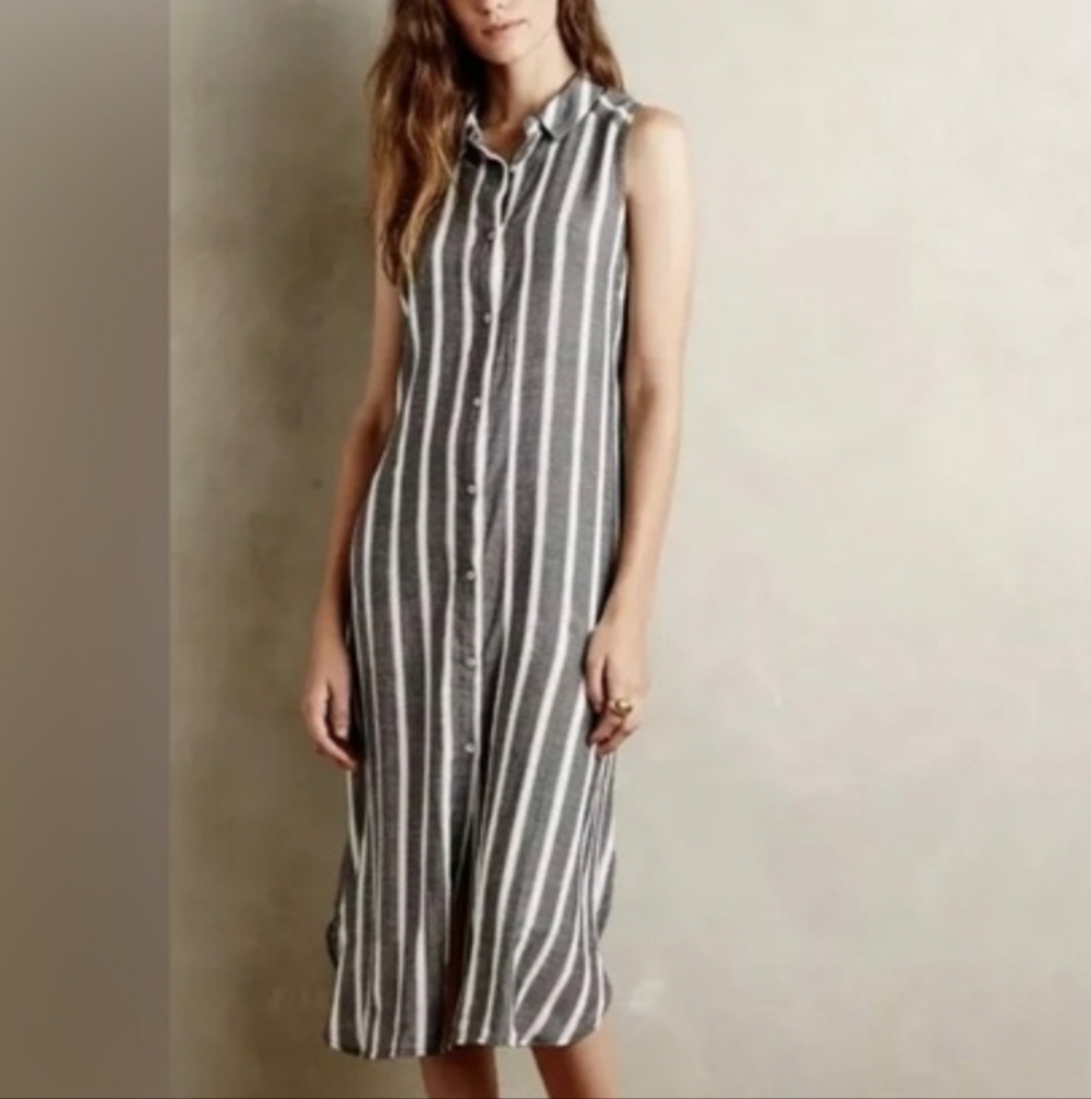 HOLDING HORSES Sleeveless Striped Midi Shirt Dress